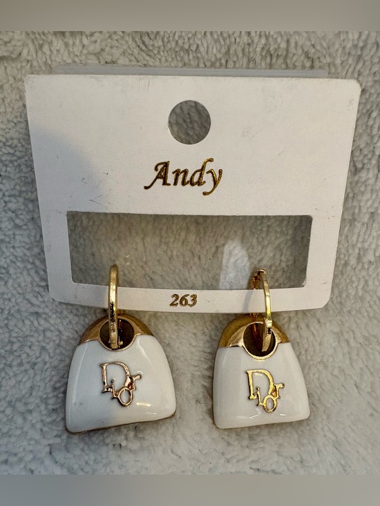 Jewelry - White and Gold Fashion Logo Drop Earrings